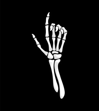 Skeleton hand making pointing up gesture. Isolated vector skeletal palm showing direction, conveying a message or expressing a particular intention with bony fingers arranged in a specific position
