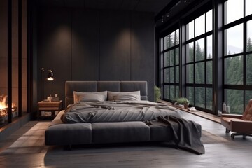 Dark loft master bedroom with large windows. luxury studio apartment in a loft style in dark colors, trendy gray minimalistic interior, king-size bed, Generative AI