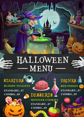 Obraz premium Halloween holiday menu template with cartoon spooky witch character cooking brew in cauldron. Vector background listing ghoulish delights, festive snacks and meals, starters, desserts and drinks