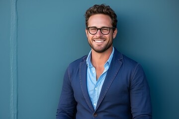 Portrait of a handsome young man smiling with glasses against blue background