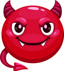 Cartoon Halloween devil emoji, depicts a mischievous, grinning face with devilish horns and a sinister smile, used to convey playful or wicked intent in messages. Isolated vector red face of the imp