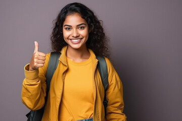 Young girl college student showing thumps up