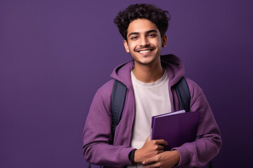 Young college student holding back pack and books in hand
