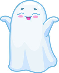 Halloween kawaii ghost character. Cartoon cute vector spook with a big smile, and a playful expression adds a delightful and charming touch to the spooky season. Sweet funny and adorable baby spirit
