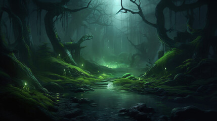 Fototapeta na wymiar Deep Forest. Fantasy Backdrop. Concept Art. Realistic