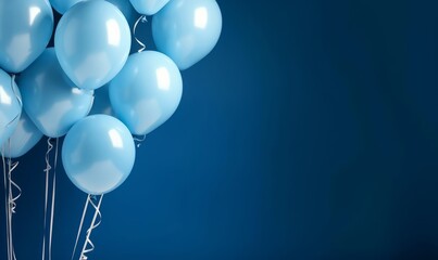 Blue helium balloons on blue background with copy space. Decoration for a birthday party, concept of happiness, and celebration. Blue balloons, background for wedding, anniversary. Generative AI