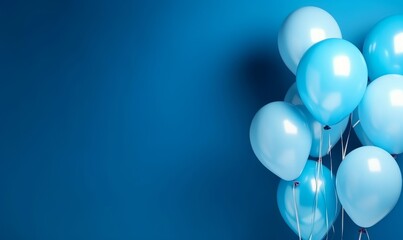 Blue helium balloons on blue background with copy space. Decoration for a birthday party, concept of happiness, and celebration. Blue balloons, background for wedding, anniversary. Generative AI - obrazy, fototapety, plakaty
