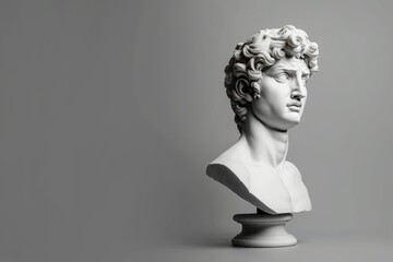 Gypsum statue of David's head. Michelangelo's David statue plaster copy on grey background with copyspace for text. Ancient greek sculpture, statue of, Generative AI