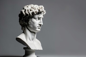 Gypsum statue of David's head. Michelangelo's David statue plaster copy on grey background with copyspace for text. Ancient greek sculpture, statue of, Generative AI