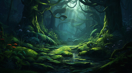 Fototapeta na wymiar Deep Forest. Fantasy Backdrop. Concept Art. Realistic