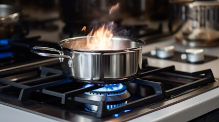 A saucepan rests on a stovetop, flames dancing beneath it, reminiscent of a chip pan fire..
