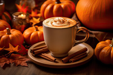 Autumn coffee latte in cup and pumpkins. Cozy autumn beverage. Close up. Generative AI.