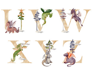 Watercolor dragons letters for invitation card, nursery poster, baby shower and other. Animal alphabet letters.