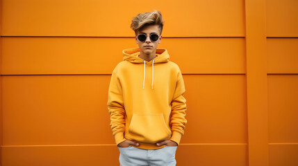 Generative AI, stylish fashionable teenager with a trendy hairstyle on a colored background, handsome guy with glasses, youth, student, party, new generation, zoomer, space for text - obrazy, fototapety, plakaty