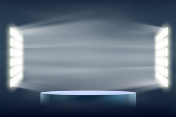 Obraz premium Podium or stage illuminated by spotlights. Template for presentation on a dark background. Vector illustration