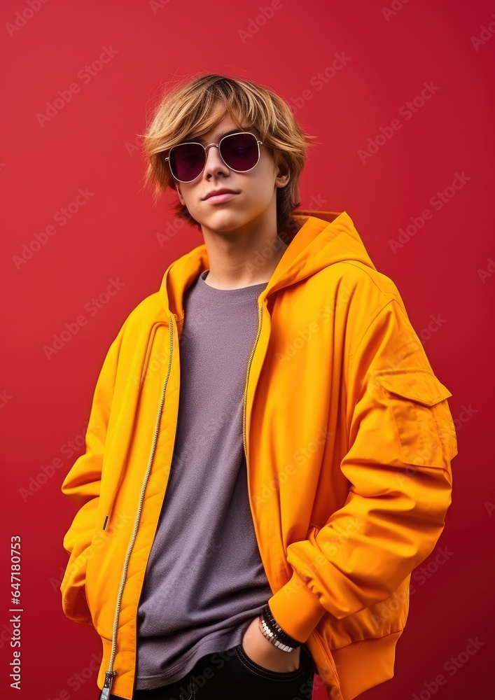 Wall mural Generative AI, stylish fashionable teenager with a trendy hairstyle on a colored background, handsome guy with glasses, youth, student, party, new generation, zoomer, space for text - Wall murals