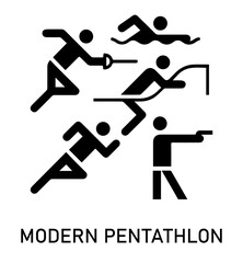 Summer sport icon. Vector isolated pictogram on white background with the names of sports disciplines. Games and sport. Modern pentathlon. Fencing, running, shooting, riding, swimming.