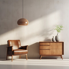Interior of minimal living room with wooden chair, chest of drawers and vase with flowers near the wall, extremely modern and minimalistic style, grunge wallpaper, window light, Generative AI.