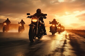 Group of bikers man riding speed motorcycle on empty motion road against beautiful golden sunset with dusky sky. Motorbike riding fast and having fun driving during sunset.