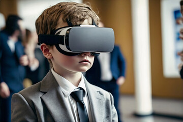 Concepto de educación y entretenimiento. Tecnología e innovación. Chico en traje de negocios con gafas de realidad virtual en la escuela o universidad. Ai generado.