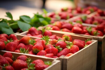 Lots of baskets with fresh ripe strawberries for sale at farmers market closeup. Strawberries in boxes, strawberry fruits in wooden box, selective focus. Generative AI
