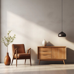 Interior of minimal living room with wooden chair, chest of drawers and vase with flowers near the wall, extremely modern and minimalistic style, grunge wallpaper, window light, Generative AI.