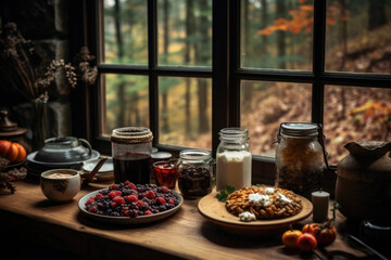 Forest fruits on a rustic table next to a window in a winter atmosphere