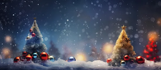 Rolgordijnen árboles de navidad con bolas iluminadas y estrella en su parte superior en paisaje nocturno nevado, con fondo desenfocado y bokeh © Helena GARCIA