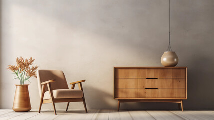 Interior of minimal living room with wooden chair, chest of drawers and vase with flowers near the wall, extremely modern and minimalistic style, white house, moody, window light, Generative AI.