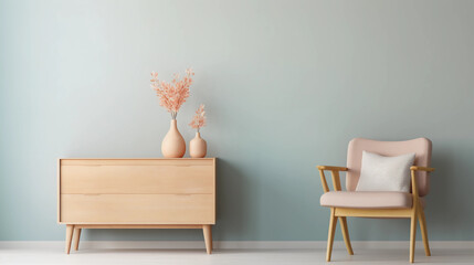 Interior of minimal living room with wooden chair, chest of drawers and vase with flowers near the wall, extremely modern and minimalistic style, sweet home, moody, window light, Generative AI.
