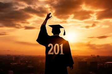 Silhouette Young man Graduation in 2023 years, education congratulation concept, Freedom and Happy new year, success in the future goal and passing time.copy, Generative AI
