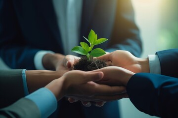Business hands holding green plants together are the symbol of green business company. agriculture and collaboration in a green business. Ecosystem and Organization Development, Generative AI
