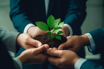 Business hands holding green plants together are the symbol of green business company. agriculture and collaboration in a green business. Ecosystem and Organization Development, Generative AI