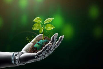 Environmental technology concept. Robot hand holding small plants with Environment icon.Artificial Intelligence and Technology ecology. Green technology and Environmental, Generative AI