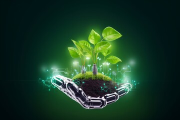 Environmental technology concept. Robot hand holding small plants with Environment icon.Artificial Intelligence and Technology ecology. Green technology and Environmental, Generative AI