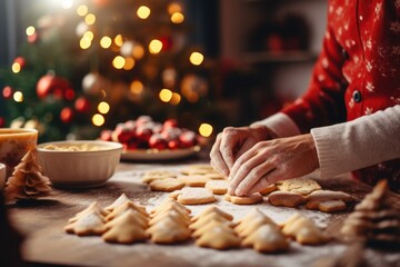 A person making christmas cookies on a table with a christmas tree in the background. Imaginary photorealistic image. - Powered by Adobe