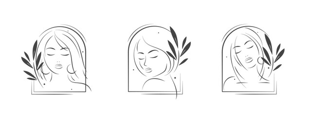 Beauty salon logo. Female face. Set of silhouettes of women's portraits. Black and white illustrations of beautiful girls.  Vector illustration