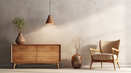 Interior of minimal living room with wooden chair, chest of drawers and vase with flowers near the wall, extremely modern and minimalistic style, white house, moody, window light, Generative AI.