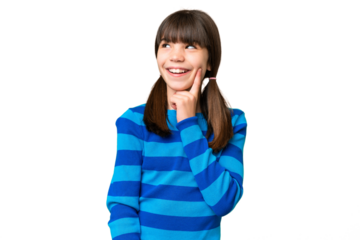 Little caucasian girl over isolated background thinking an idea while looking up