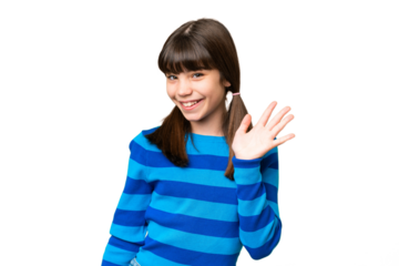 Little caucasian girl over isolated background saluting with hand with happy expression