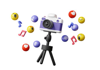 Camera tripod live streaming multimedia media emoji vlog creative content video social media on innternet. passive income concept. make money, isolated, 3d render illustration