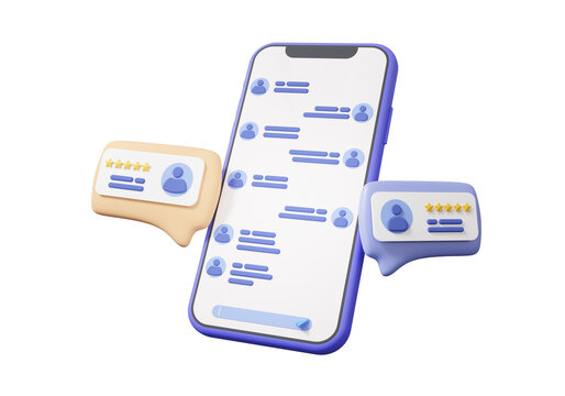 Message call center service mobile phone with chat or talk comment digital marketing social media online rating concept. communication on isolated background. 3d render illustration