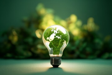 Renewable Energy. Environmental protection, renewable, sustainable energy sources. Green world map on the light bulb on green background .green energy, Generative AI