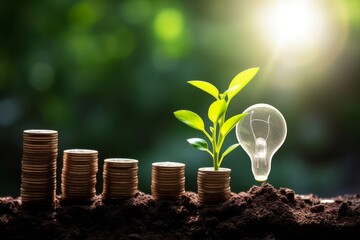 The light bulb is located on the soil. and plants grow on stacked coins Renewable energy generation is essential for the future and Renewable energy, green businesses can enable business,Generative AI - obrazy, fototapety, plakaty