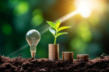 The light bulb is located on the soil. and plants grow on stacked coins Renewable energy generation is essential for the future and Renewable energy, green businesses can enable business,Generative AI