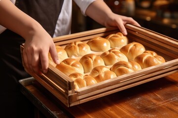 A person holding a tray of freshly baked buns. Imaginary photorealistic image.