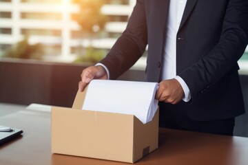 Resignation Concept . Businessman sending a resignation letter to the boss and carrying a cardboard box. Include resignation, job placement, Quitting a job, and The big quit. The great, Generative AI