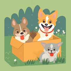 Funny dogs in a cardboard box. Pets