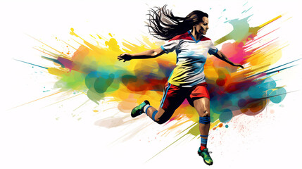 A female soccer player in full action against a vibrant backdrop.