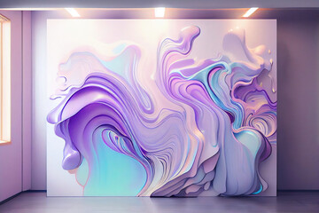Stylish interior with beautiful abstract painting in purple colors, curved wave in motion. Mural